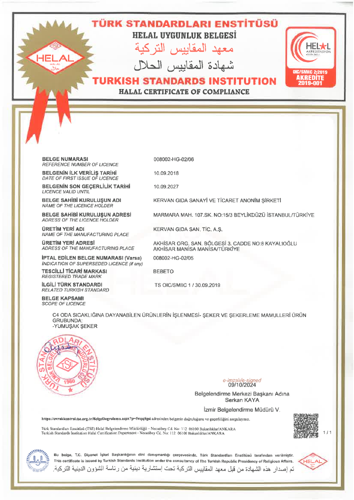 Turkish Standards Institution Halal certificate for Kervan Bebeto, valid until 10 September 2027